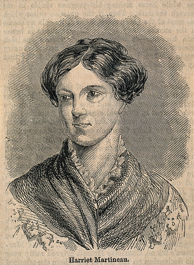 The illustration is a vintage black and white image of a person, Harriet Martineau, as indicated by the text below the illustration. The style of the illustration suggests it is from an older publication, possibly from the 19th century. The clothing depicted includes a dark jacket with a high collar and what appears to be a frilled or lace garment underneath.