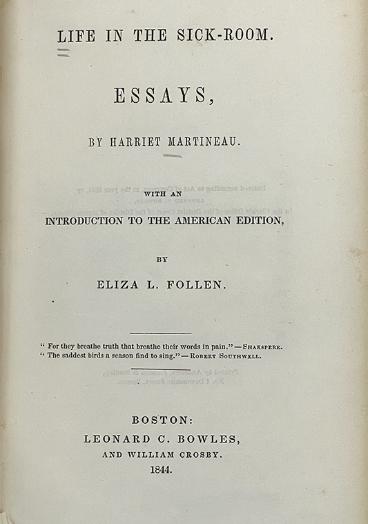 Cropped color photo of the title page from Martineau's Life in the sick room, 1844.