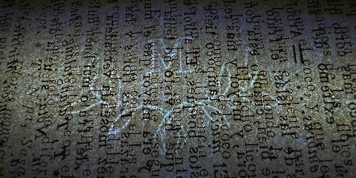 Color photo of backlit watermark showing a Latin style letter M above a line of vines.