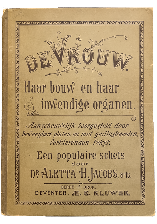 Color photo of the yellow-brown paper cover from Jacobs' De Vrouw, 1900.
