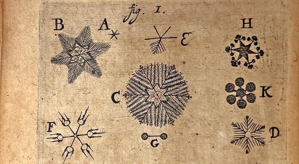 Color photograph of a black and white illustration of snow chrystals, from Bartholin's's De nivis usu medico observationes variae, 1661.