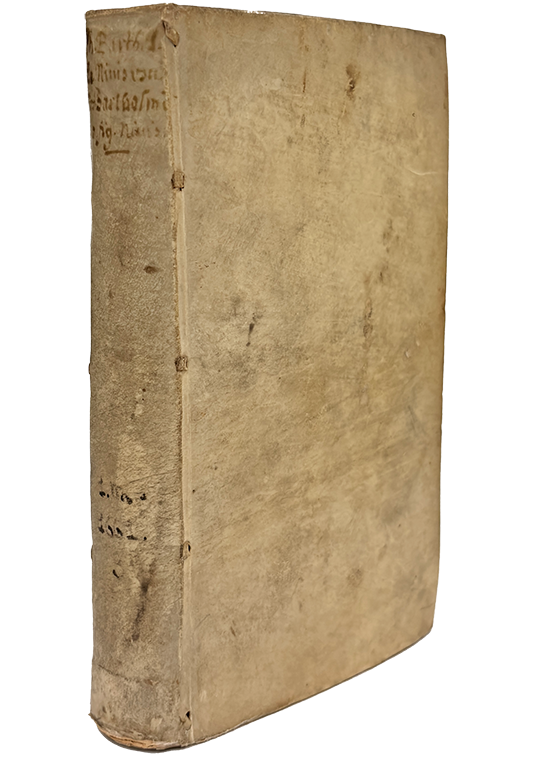 Color photo of the lomp vellum cover showing signs of heavy use, from Bartholin's's De nivis usu medico observationes variae, 1661.