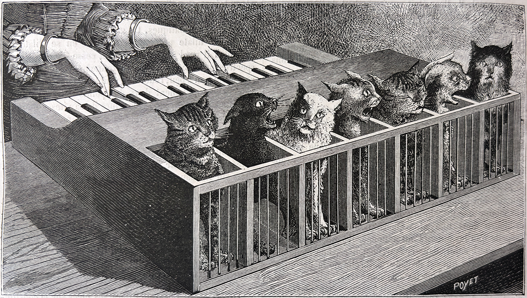 Color photograph of a black and white illustration of a Katzenklavier [cat piano] from La Nature, 1888.