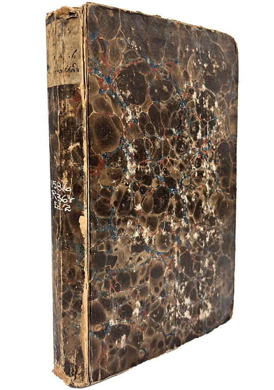 Color photo of the marbled paper cover from Reil's Rhapsodieen &uuml;ber die Anwendung der psychischen Kurmethode auf Geisteszerr&uuml;ttungen, 1818.