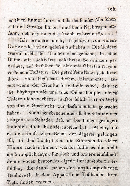 Color photo of the page describing the katzenclavier from Reil's Rhapsodieen &uuml;ber die Anwendung der psychischen Kurmethode auf Geisteszerr&uuml;ttungen, 1818.