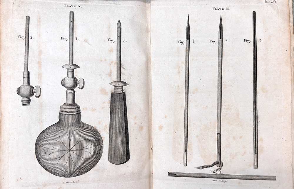 Color photograph of a black and white illustration of surgical tools from Bell's A treatise on the hydrocele, 1794.