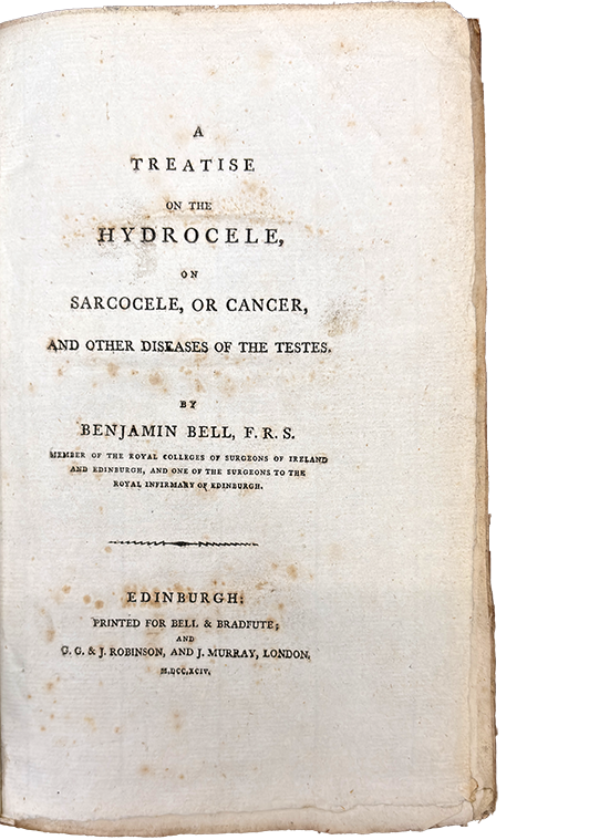 Color photograph of a black and white printed title page from Bell's A treatise on the hydrocele, 1794.