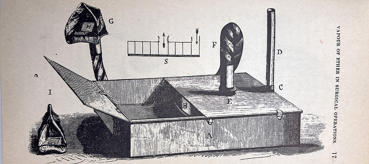 Color photo of a black and white printed illustration showing a box with a tube and mask connected, from Snow's On the inhalation of the vapour of ether in surgical operations, 1847.