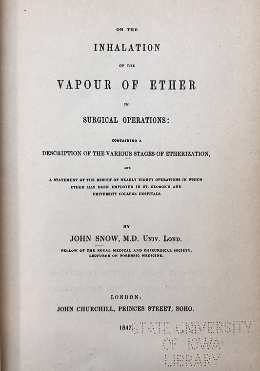 Color photo of a black and white printed title page, from Snow's On the inhalation of the vapour of ether in surgical operations, 1847.