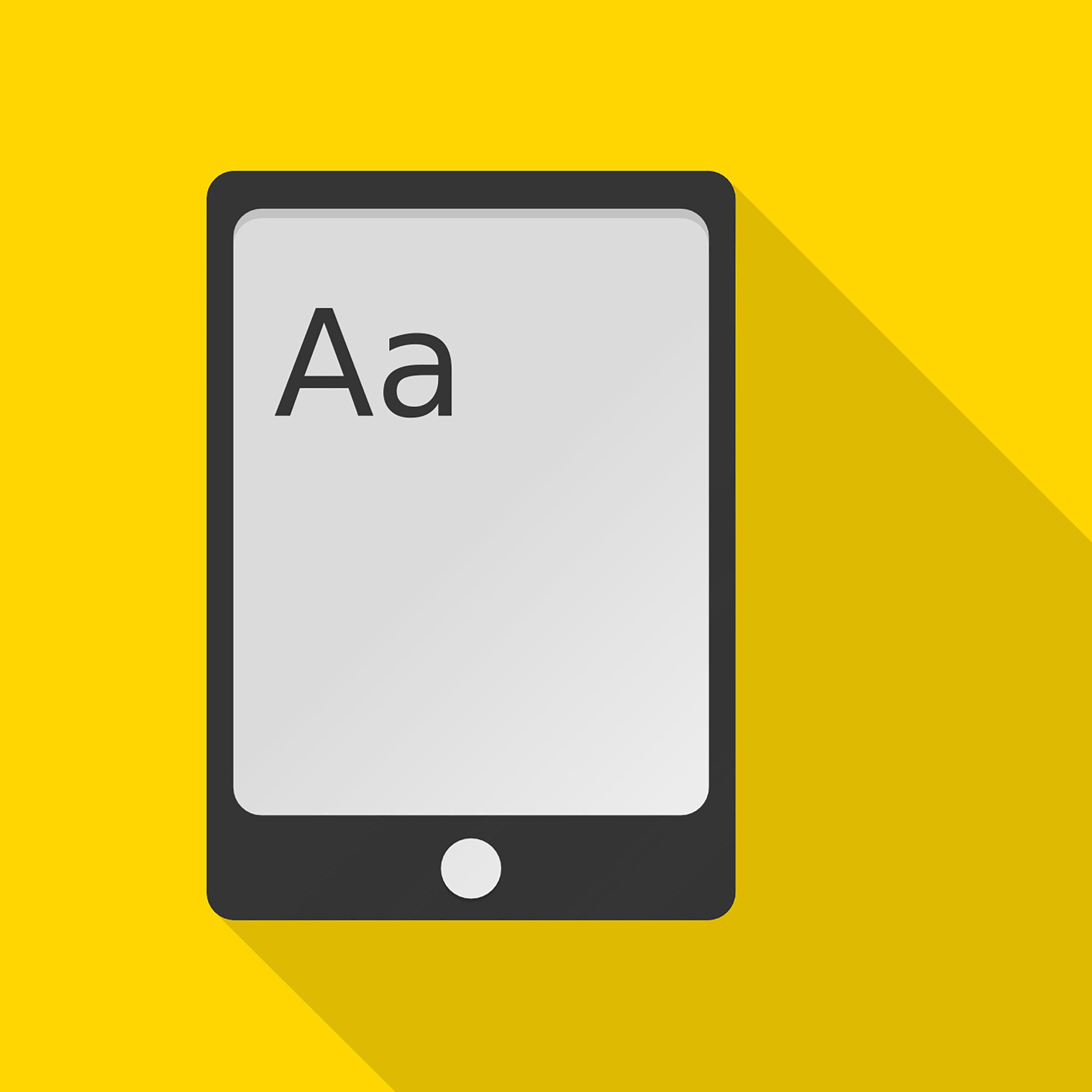 A graphic of a yellow background with a white ebook reader with an upppercase and lowercase letter A in the top left corner of the reader.