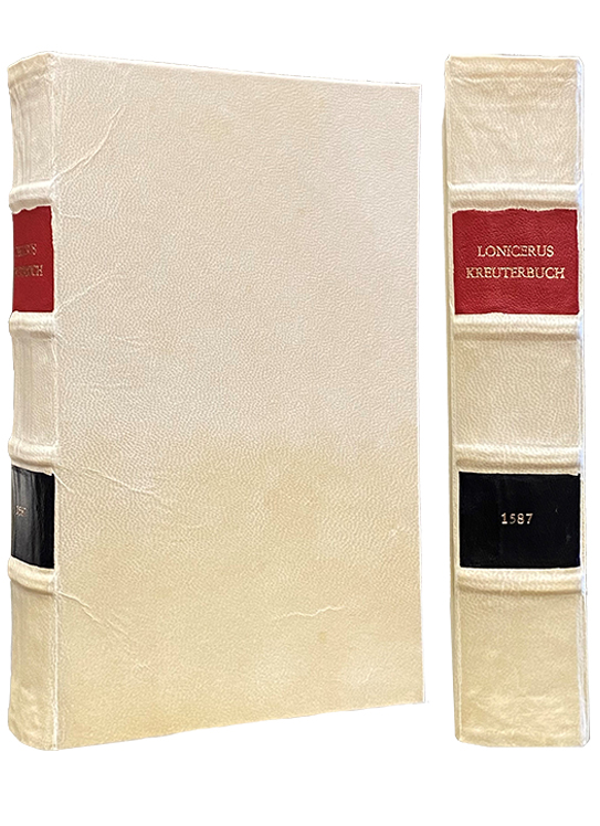 Cover image of Lonicer's Kreuterbuch, off-white parchment cover with red and black square titles on the spine with gold stamping, 1587
