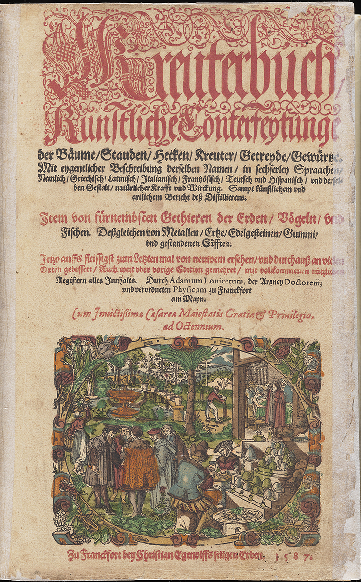 The title page to Lonicer's Kreuterbuch, mainly rubricated text in old German, with an image at the bottom of an outdoor pub.