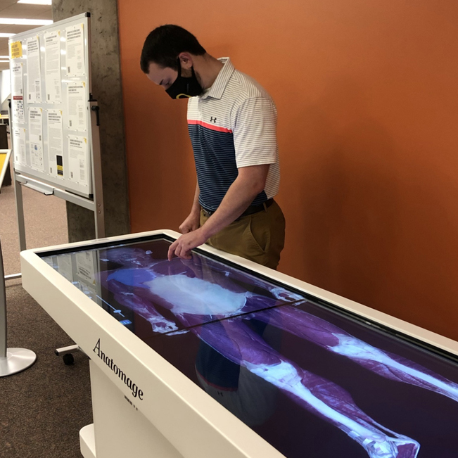 A white male touching the surface of the Anatomage table with their left index finger; the image of a male cadaver is displayed on the Anatomage table showing the skin removed.