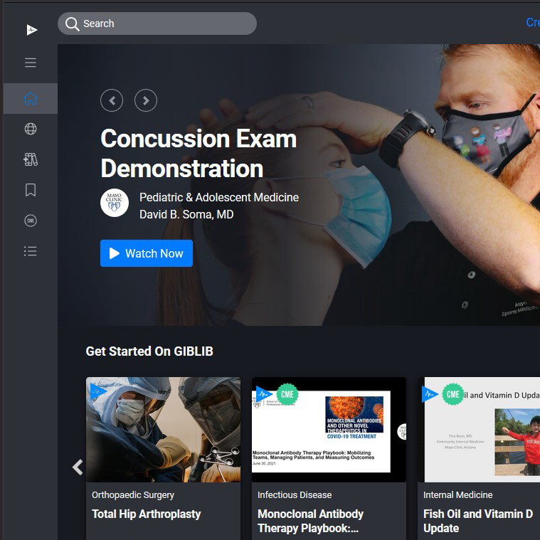 A cropped image of the GibLib website with a search field at the top, a thin navigation menu down the left side, a video prebiew showing a white male examinging a white female's head with the title: Concussion Exam Demonstration. Three smaller video previews are partially visible below the main preview.