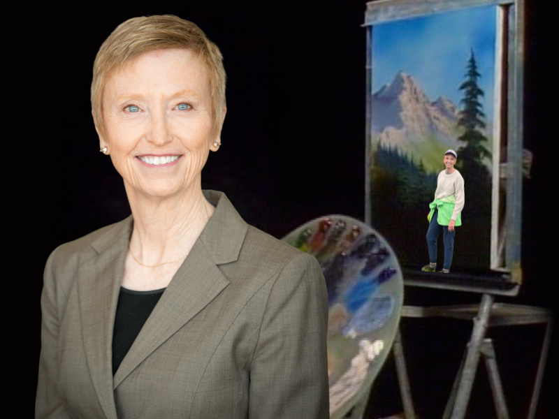 A professional headshot of a smiling Dr. Chrischilles in a suit is superimposed over a painting backdrop, with a miniature version of her posed inside a Bob Ross-style landscape on an easel.