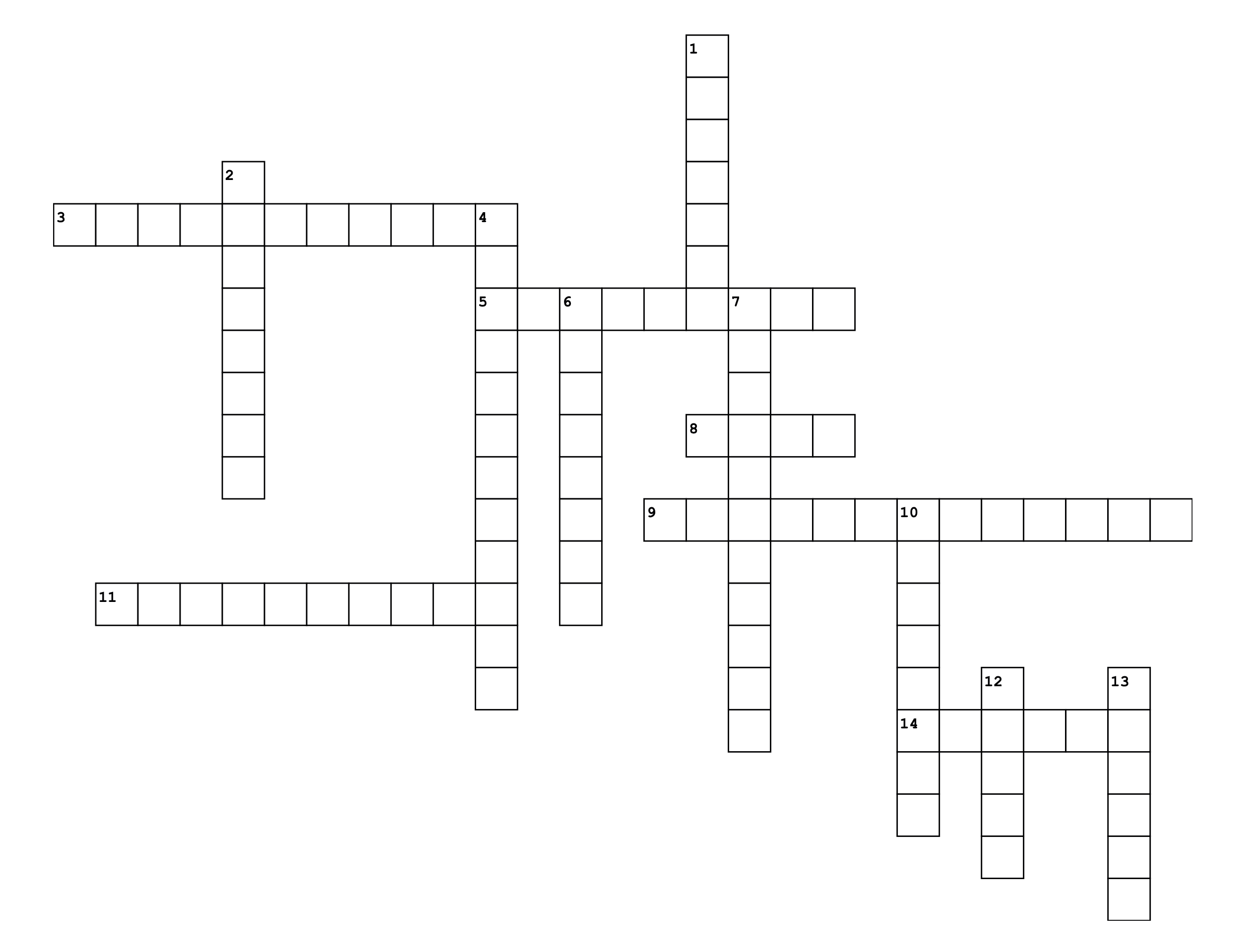 A crossword puzzle with 13 clues is shown, featuring both across and down words. The grid is mostly blank, with some squares numbered to indicate the start of each word.