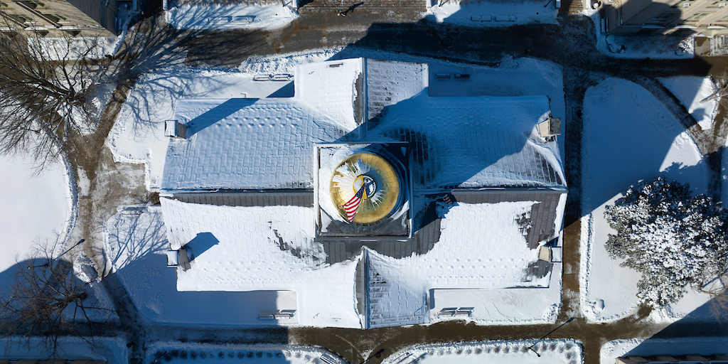 Aerial view of old capitol dome in winter