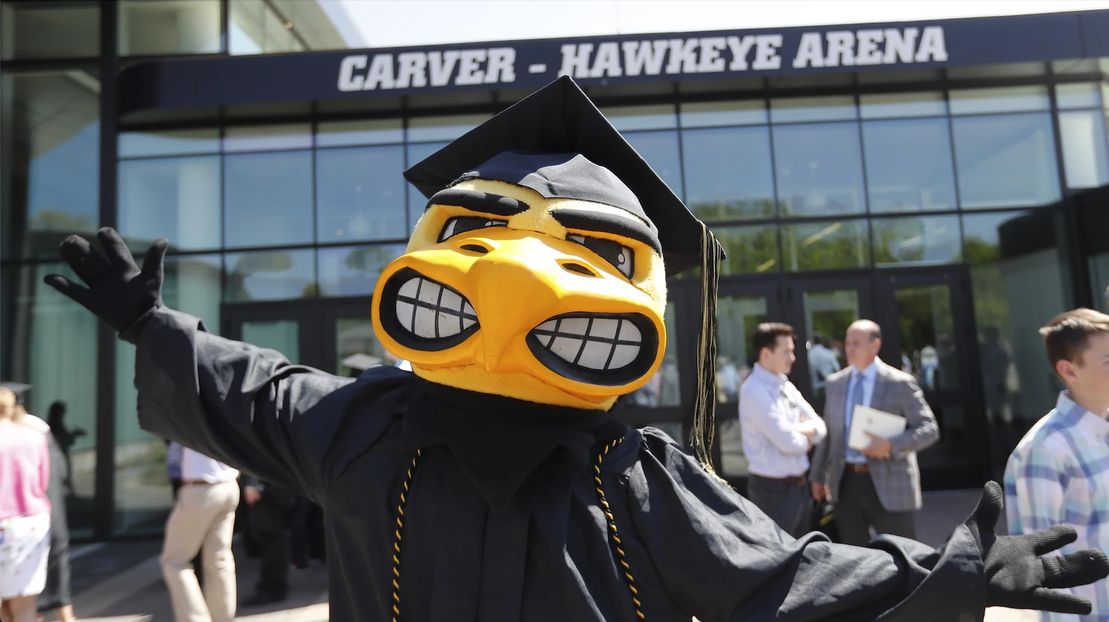 Graduation Herky in front of Carver-Hawkeye Arena