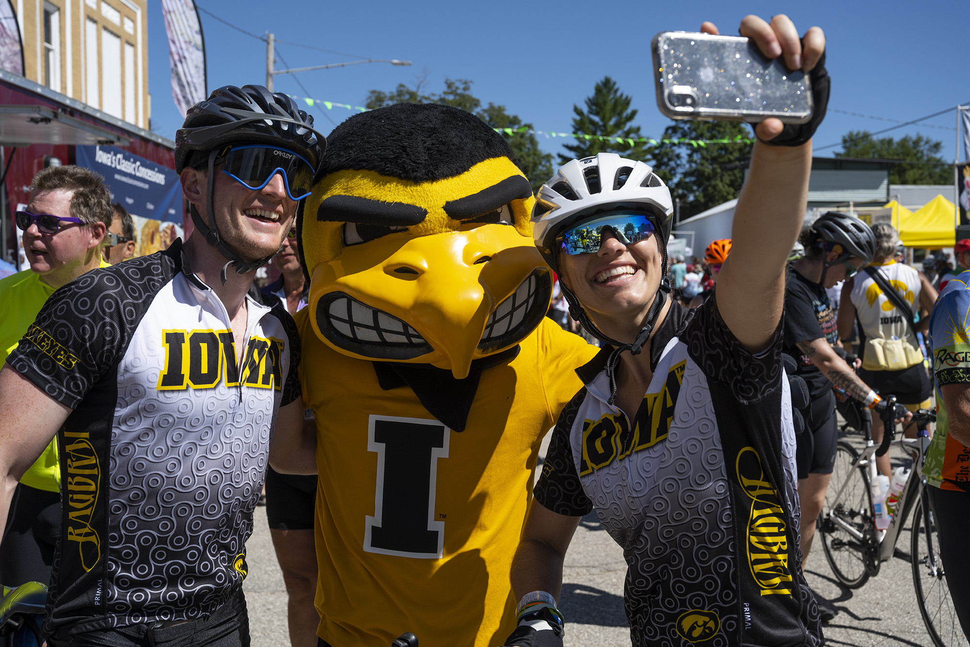 RAGBRAI riders taking a selfie with Herky