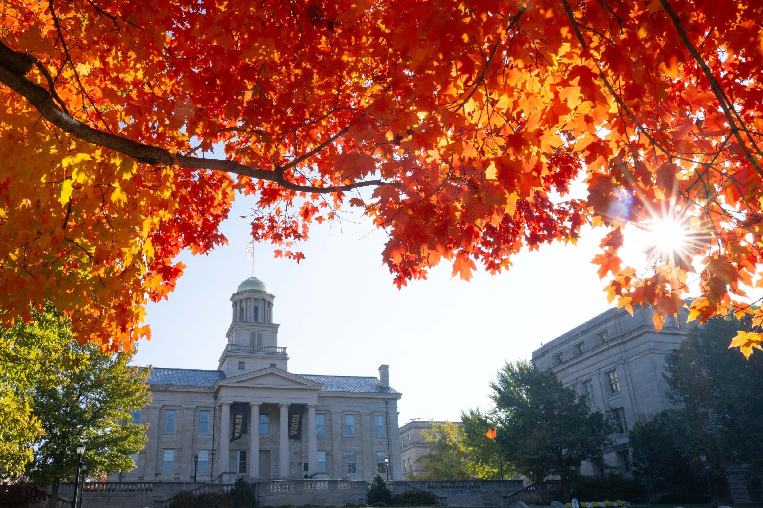 Picture of the Old Capitol building and a tree with bright orange fall leaves.