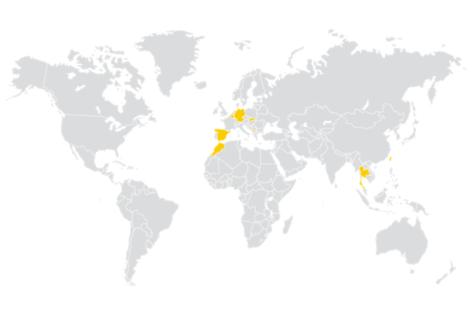 A map of the world with different countries/regions highlighted in yellow.