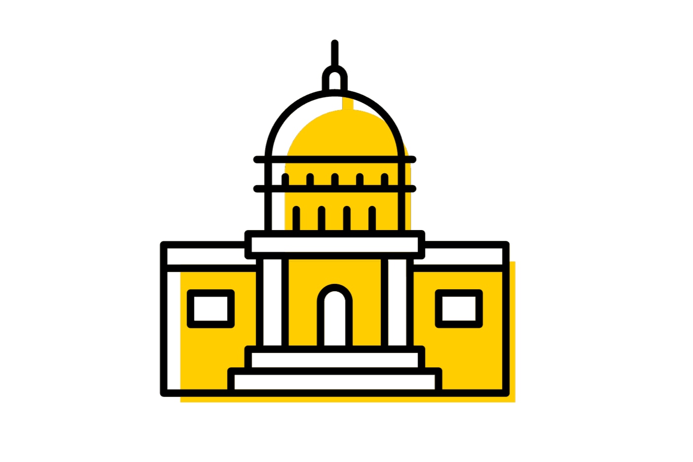 A drawing of the U.S. capitol in black, white and gold.