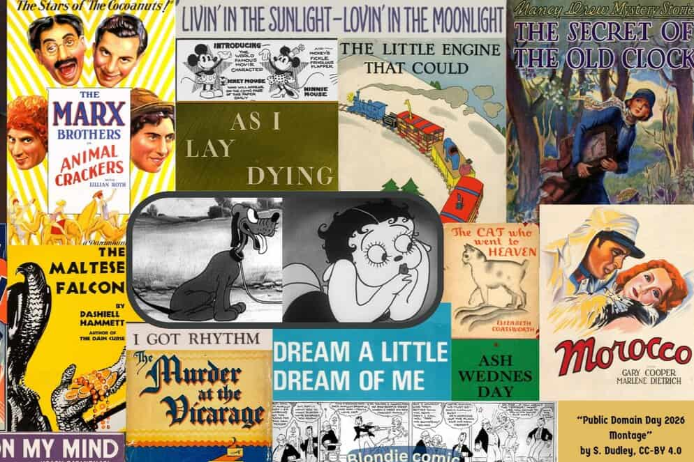 A collage of various book covers of works from 1930, including The Maltese Falcon, The Marx Brothers Animal Crackers, Betty Boop and a Nancy Drew novel.