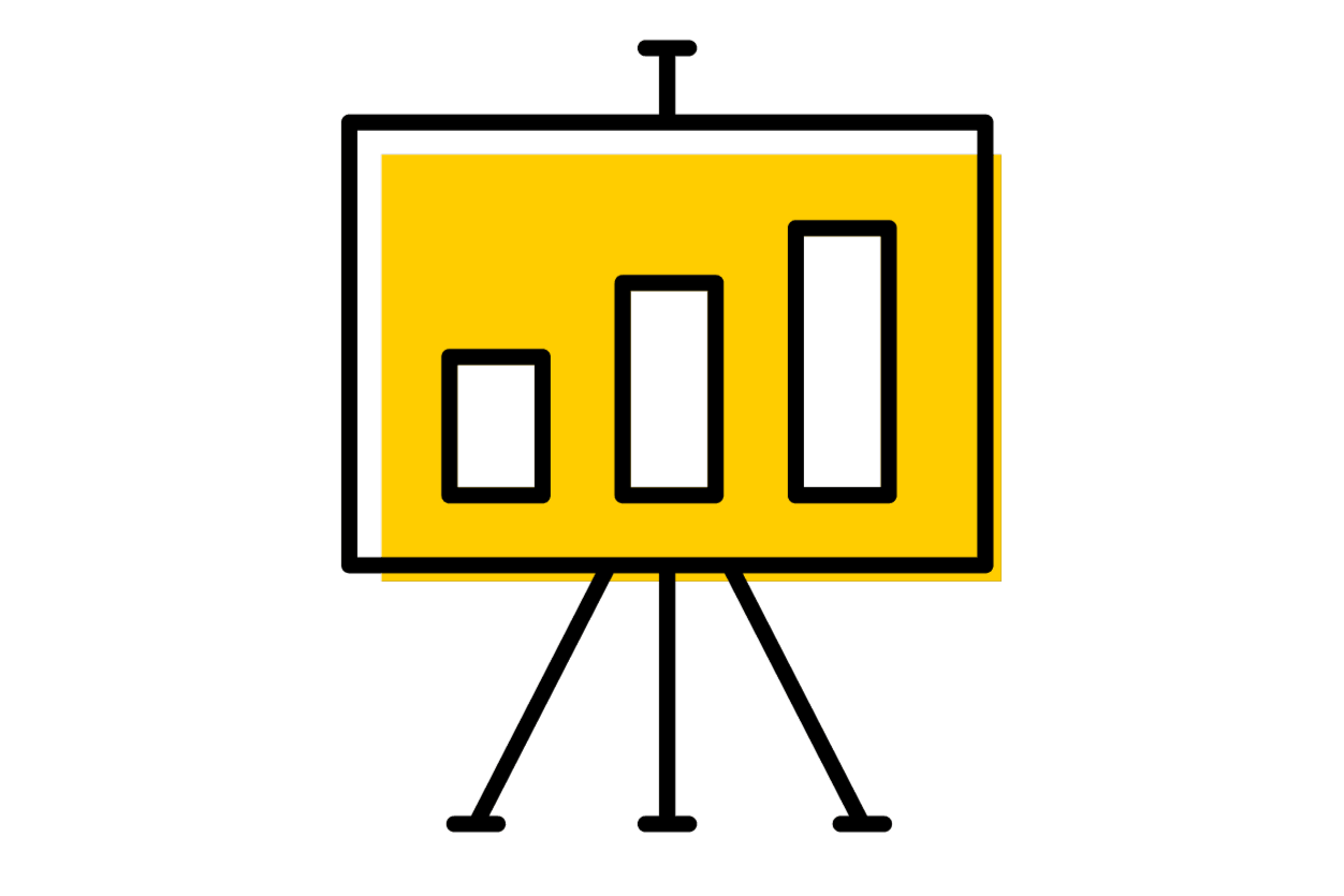 Yellow easel with poster showing a white bar graph with the bars getting taller left to right.