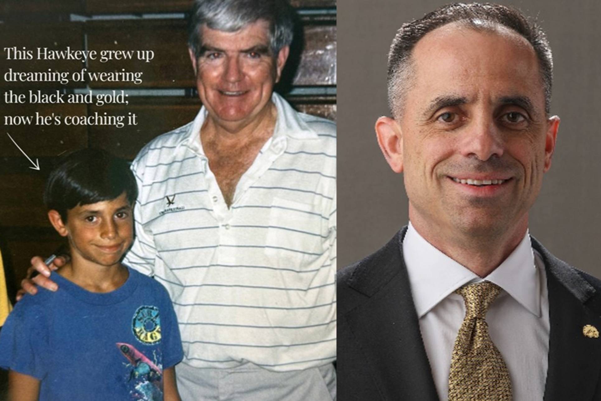 UI Men's basketball coach Ben McCullum as an adult and as a young boy standing with Tom Davis, the UI basketball coach at the time.