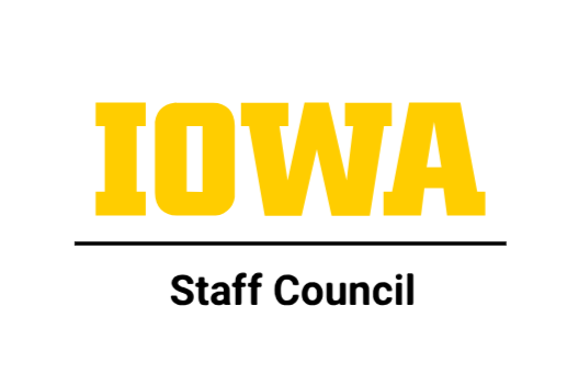 A yellow text  that says IOWA, a thin black line below it, and under the line it says Staff Council in black text.