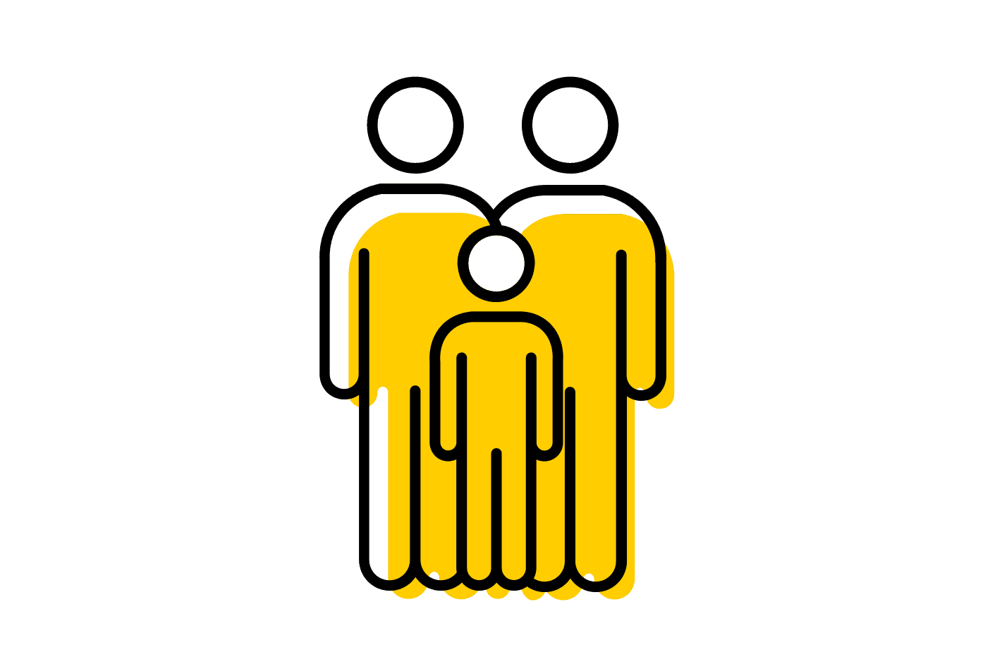 Two adults and a child, drawn in yellow and black