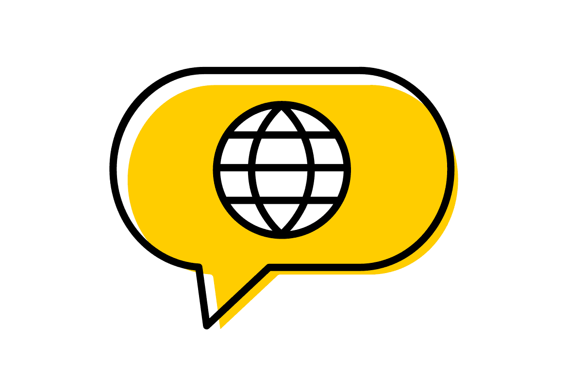 A yellow and black speech bubble containing a white circle with latitude and longitude lines.