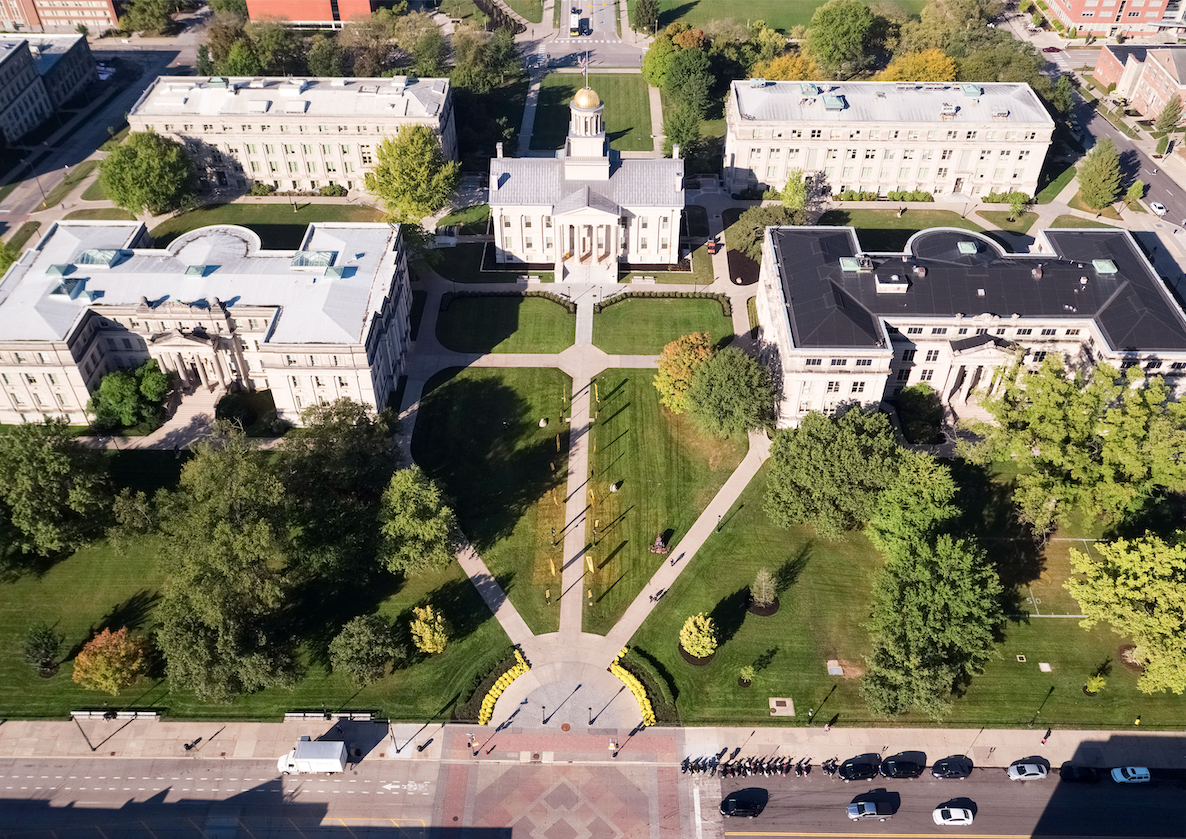 An aerial view of the Pentacrest