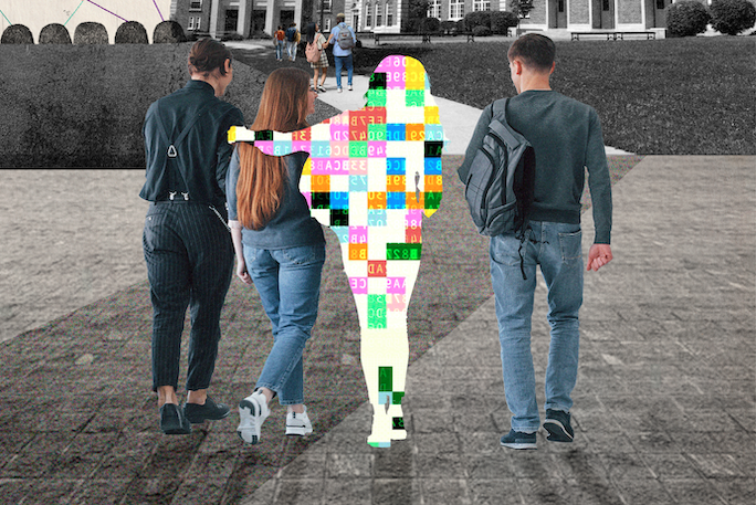 An image of people walking together where one person is blurred