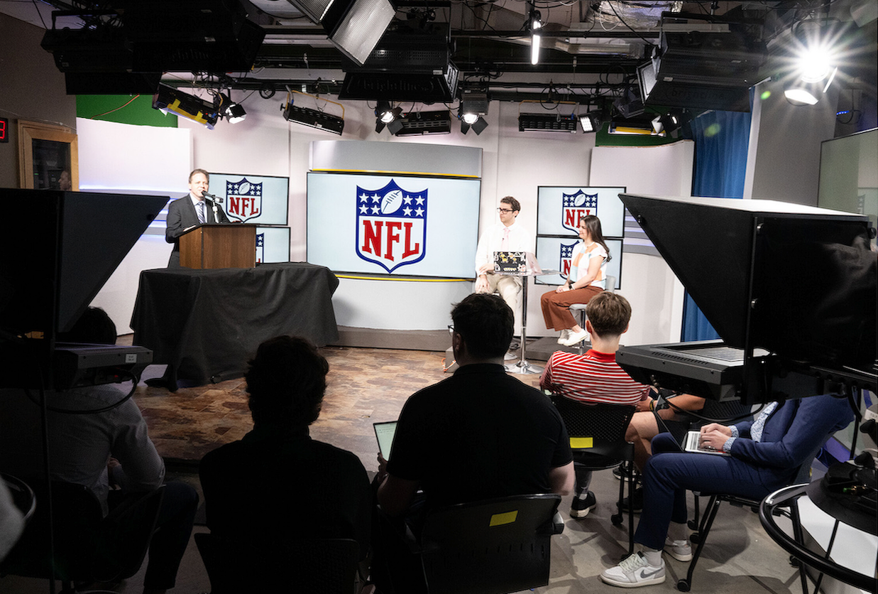 A mock NFL draft room in the Daily Iowan newsroom
