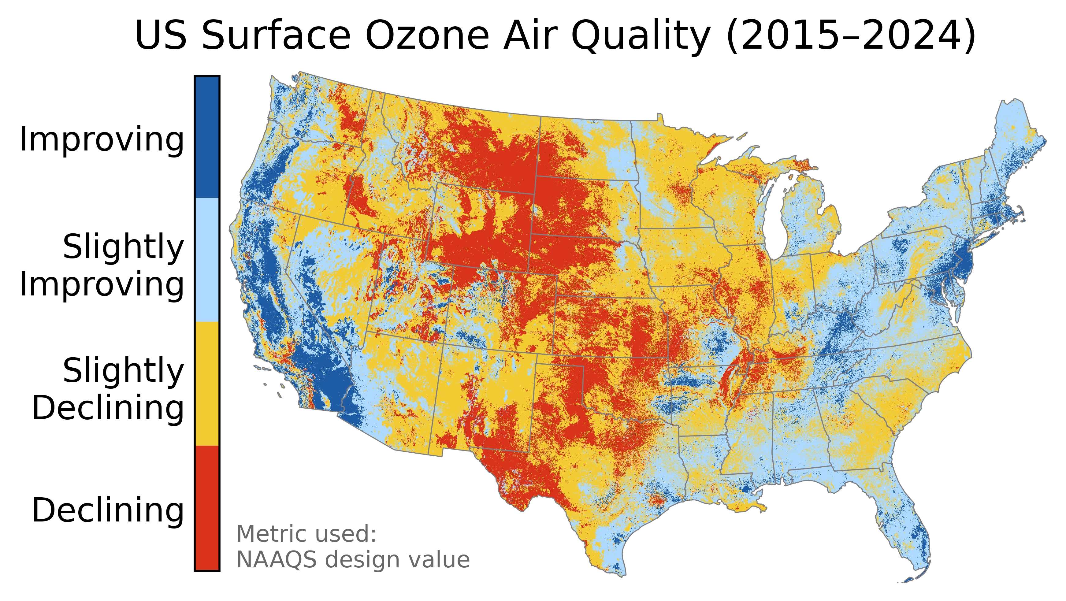 Map graph showing U.S. surface ozone air quality from 2015-2024