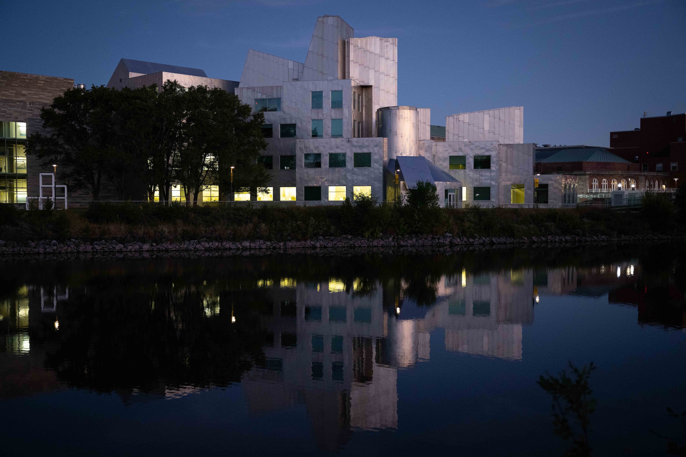The Iowa Advanced Technology Laboratories building on the UI Campus, designed by architect Frank Gehry in a post-modern style
