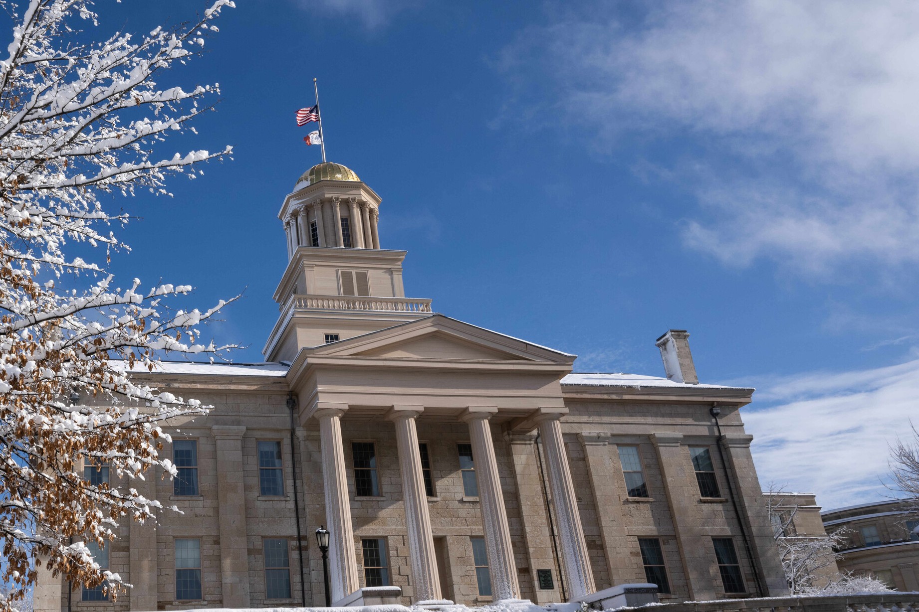 A view of the Pentacrest building in winter. Framed by bright blue sky and wispy clouds, and branches of a snow-covered tree on the left.