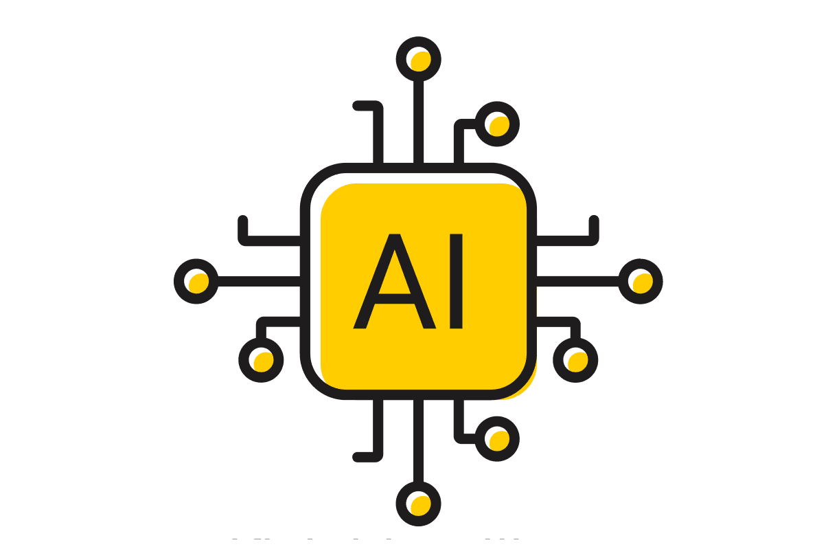 A yellow square that says AI in the middle, surrounded by off shoots of lines and dots to represent AI and technology