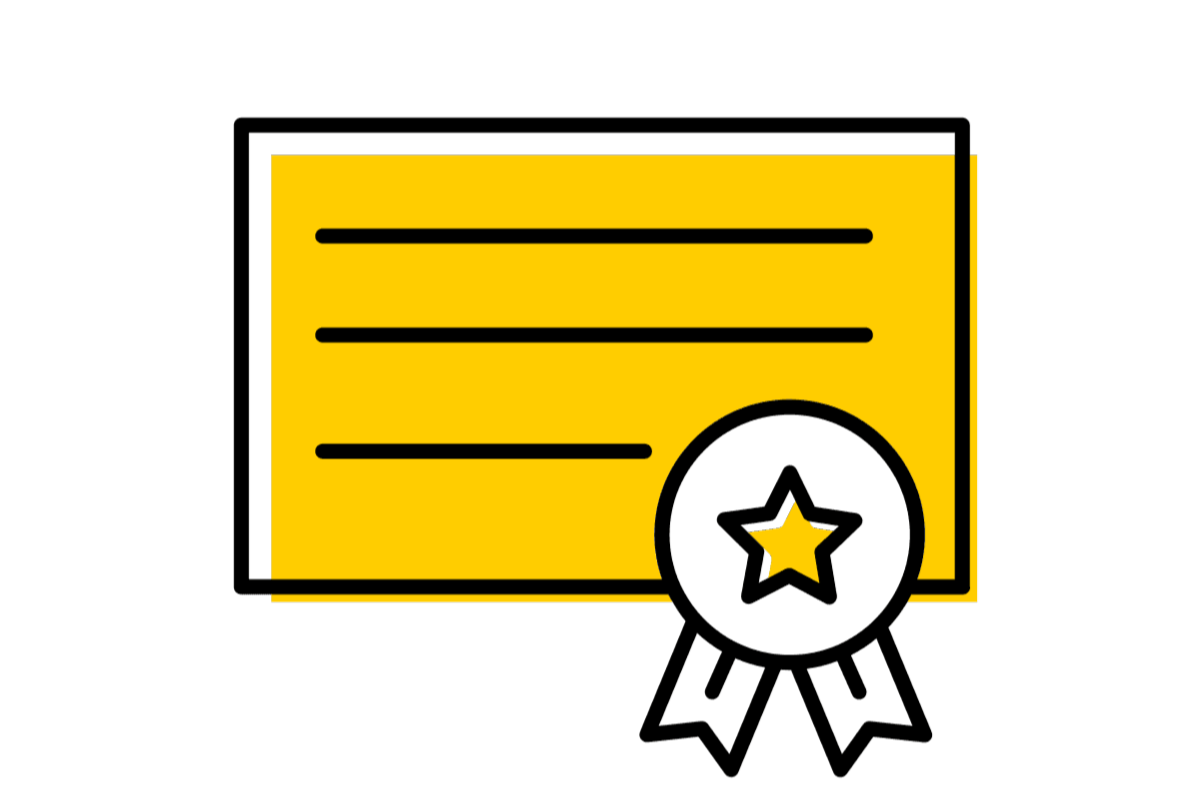 A yellow certificate of achievement with a white prize ribbon and yellow star in the bottom right corner