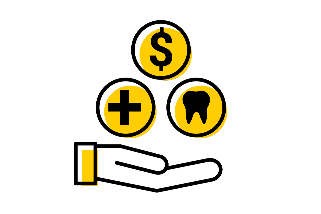 A yellow and white hand with three yellow circles hovering above it. One circle contains a dollar sign, one has a plus sign (cross), and the third has a drawing of a tooth. 