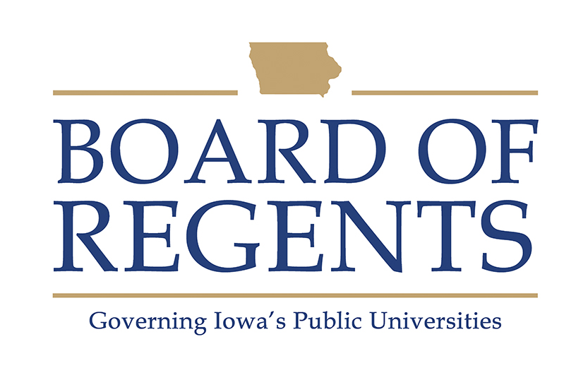 The board of regents logo: White background, gold state of Iowa, Board of Regents in blue script and Governing Iowa's Public Universities on the bottom.