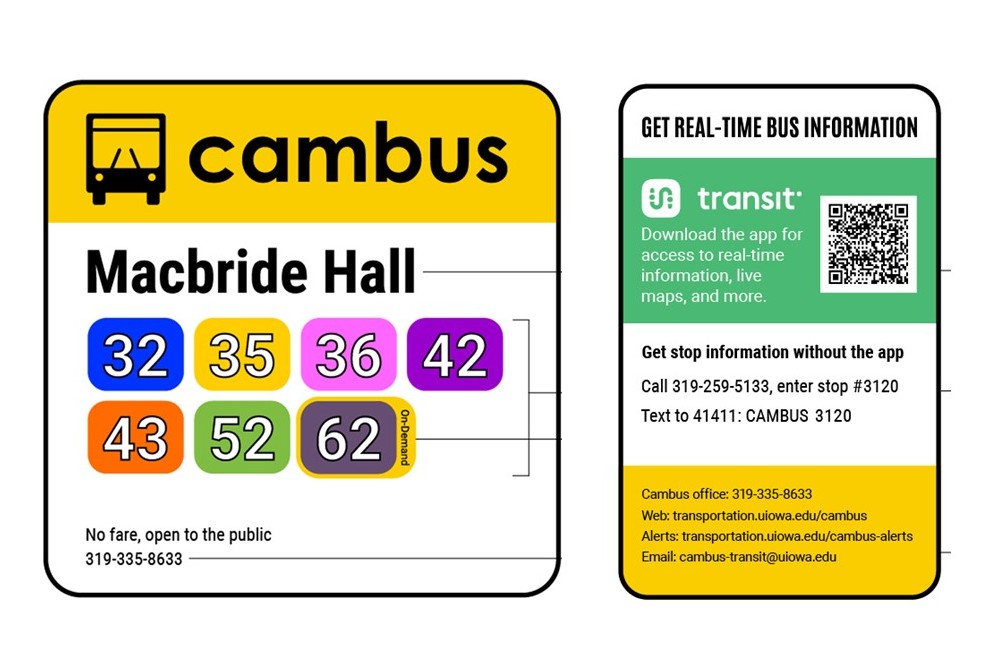 The new Cambus bus stop signs. Route numbers are in colored squares and there's a QR code to access the Transit app.