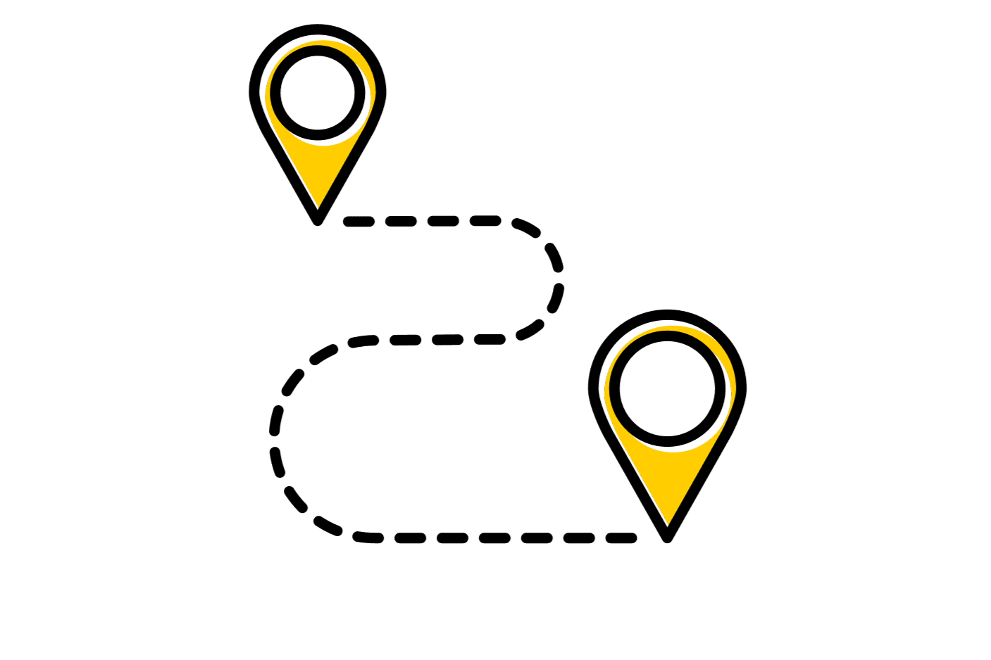 An icon representing a path on a map. Two location points with a dotted line between