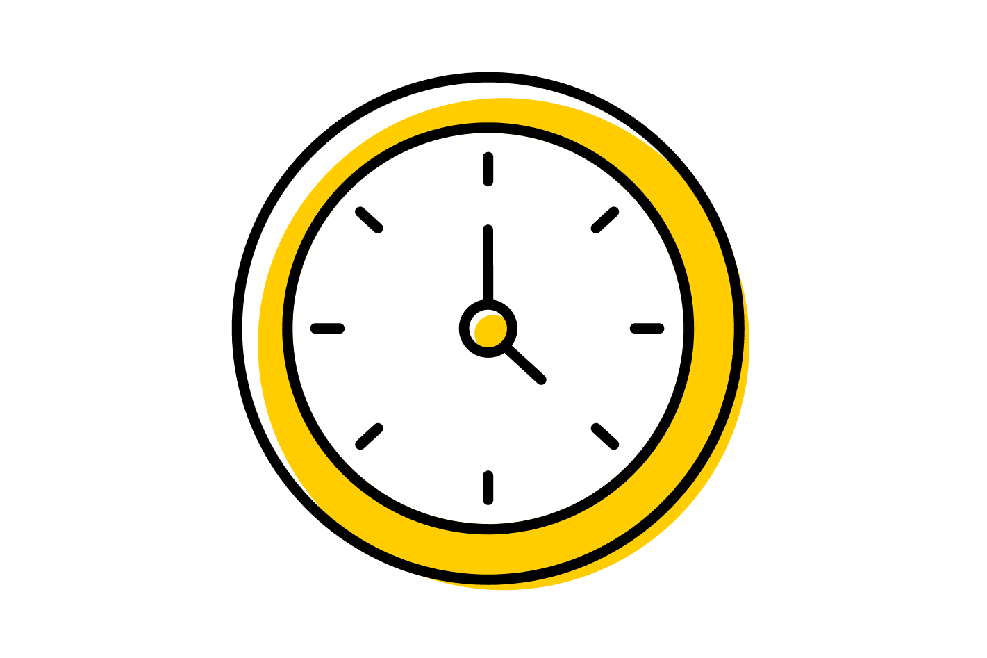 A stylized yellow and white clock with hands pointing at 4 a.m.