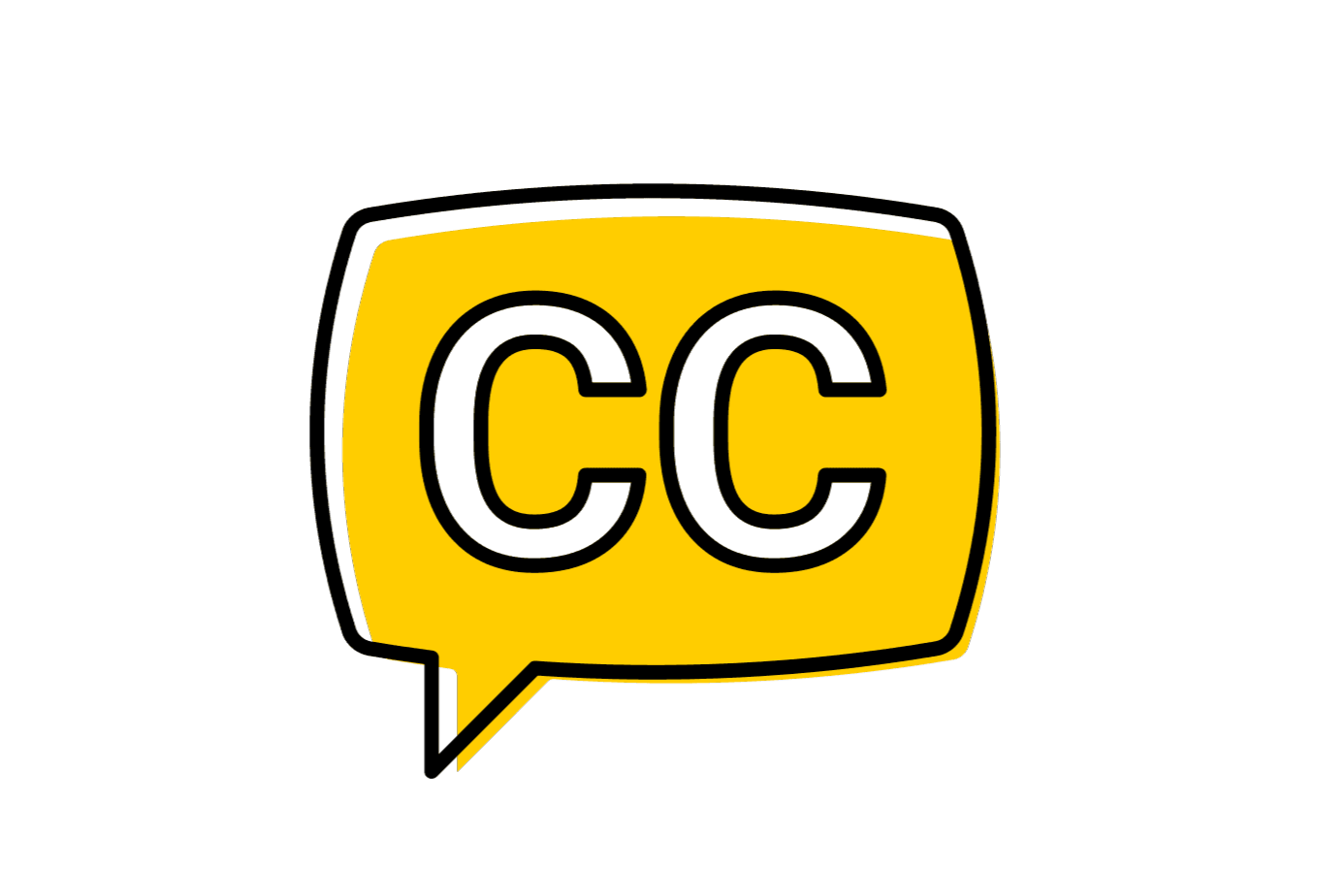 A yellow and white speech bubble with the letters CC inside. CC stands for closed captioning.