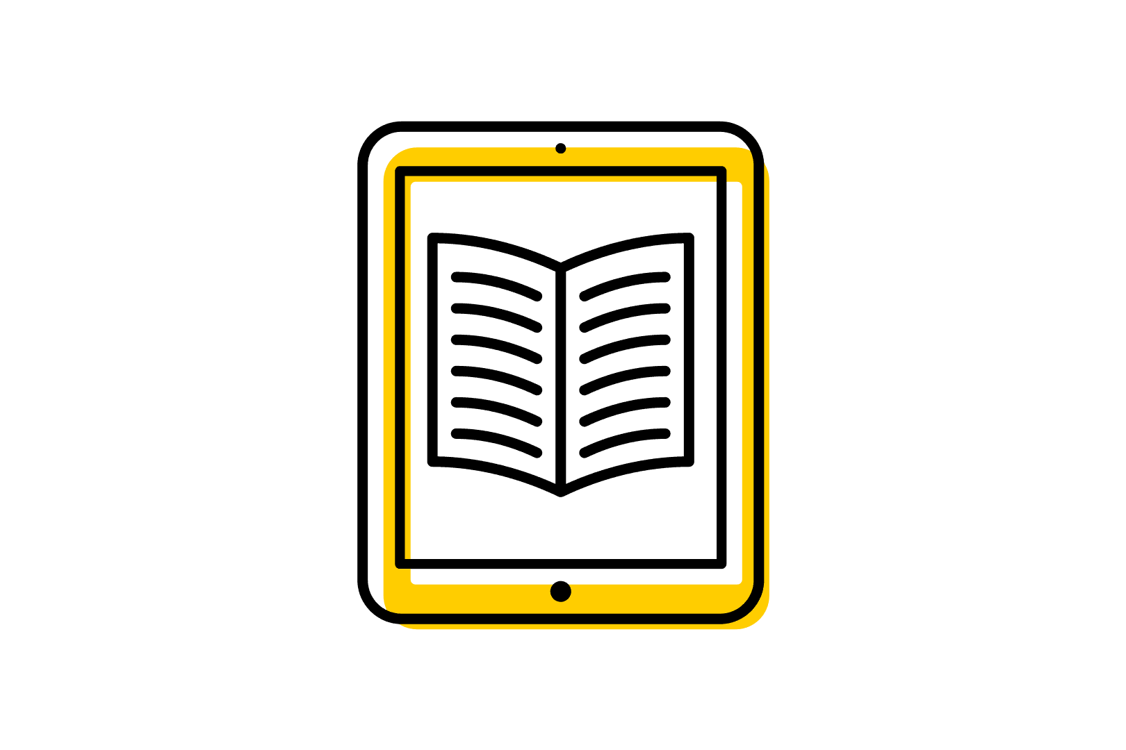 A yellow tablet or e-reader with a book on the screen