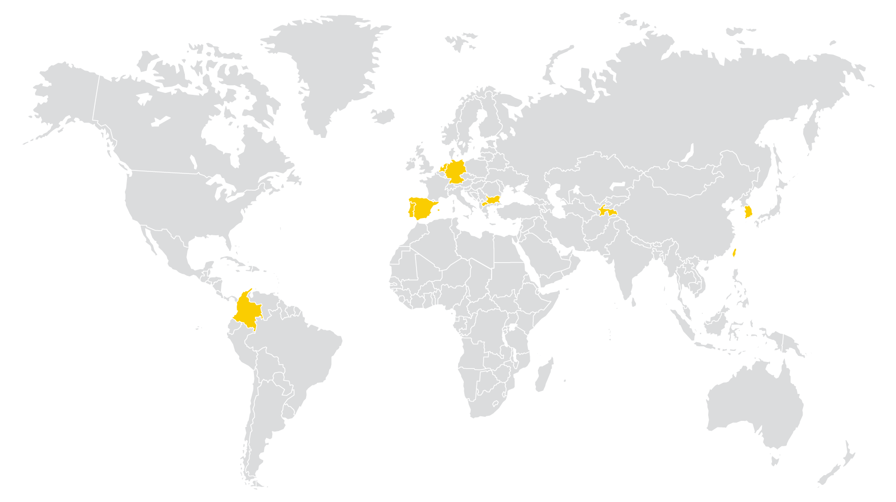 A world map with countries highlighted in yellow