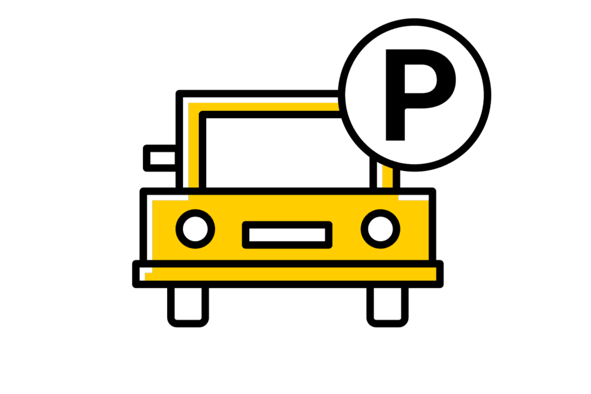 A stylized, boxy yellow vehicle with the letter P for the word parking, in a white circle on top of the car. 