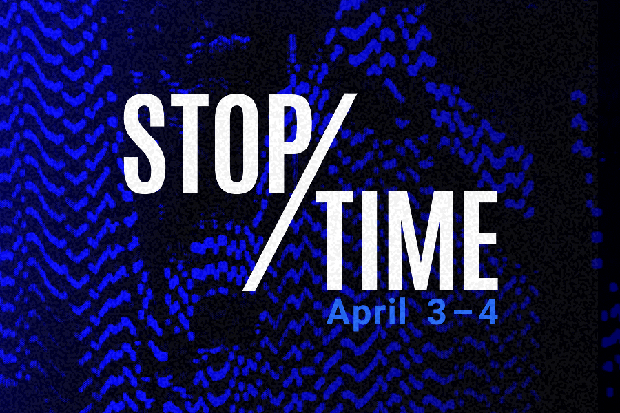 A blue and white background with white text that says Stop/Time
